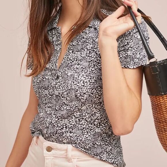 Anthropologie Black and White Floral Short Sleeve Top - Picture 1 of 9